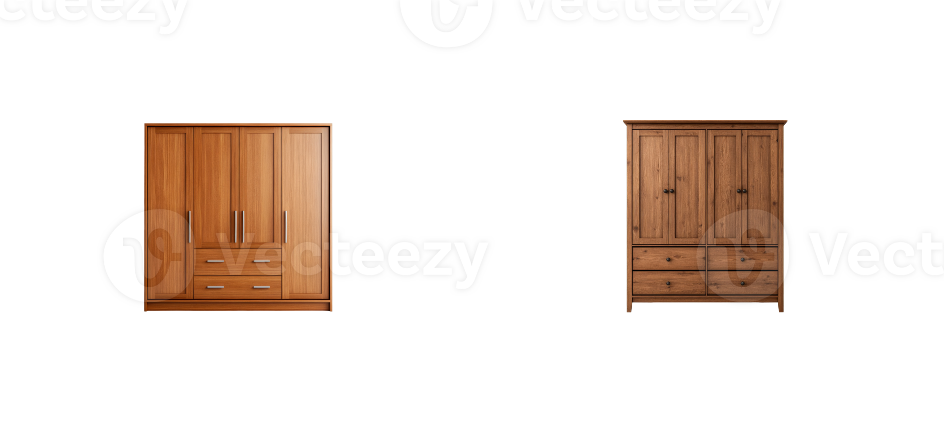 Two wooden wardrobes with multiple drawers and doors png