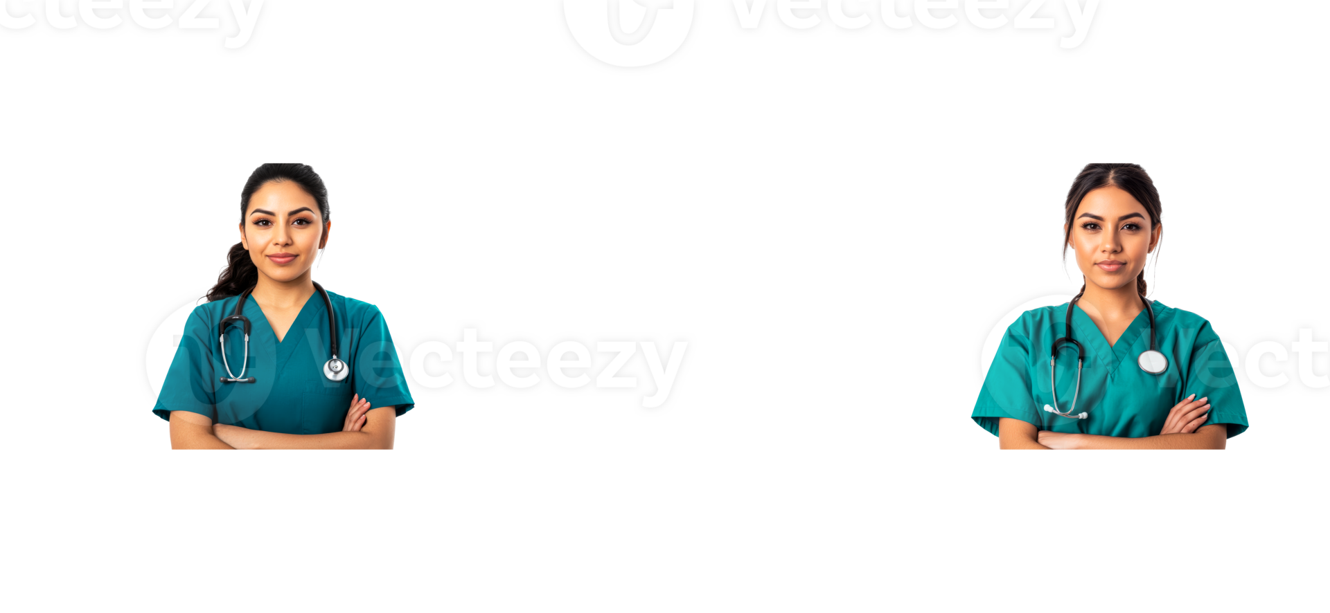 Two female medical professionals posing in scrubs with stethoscopes png