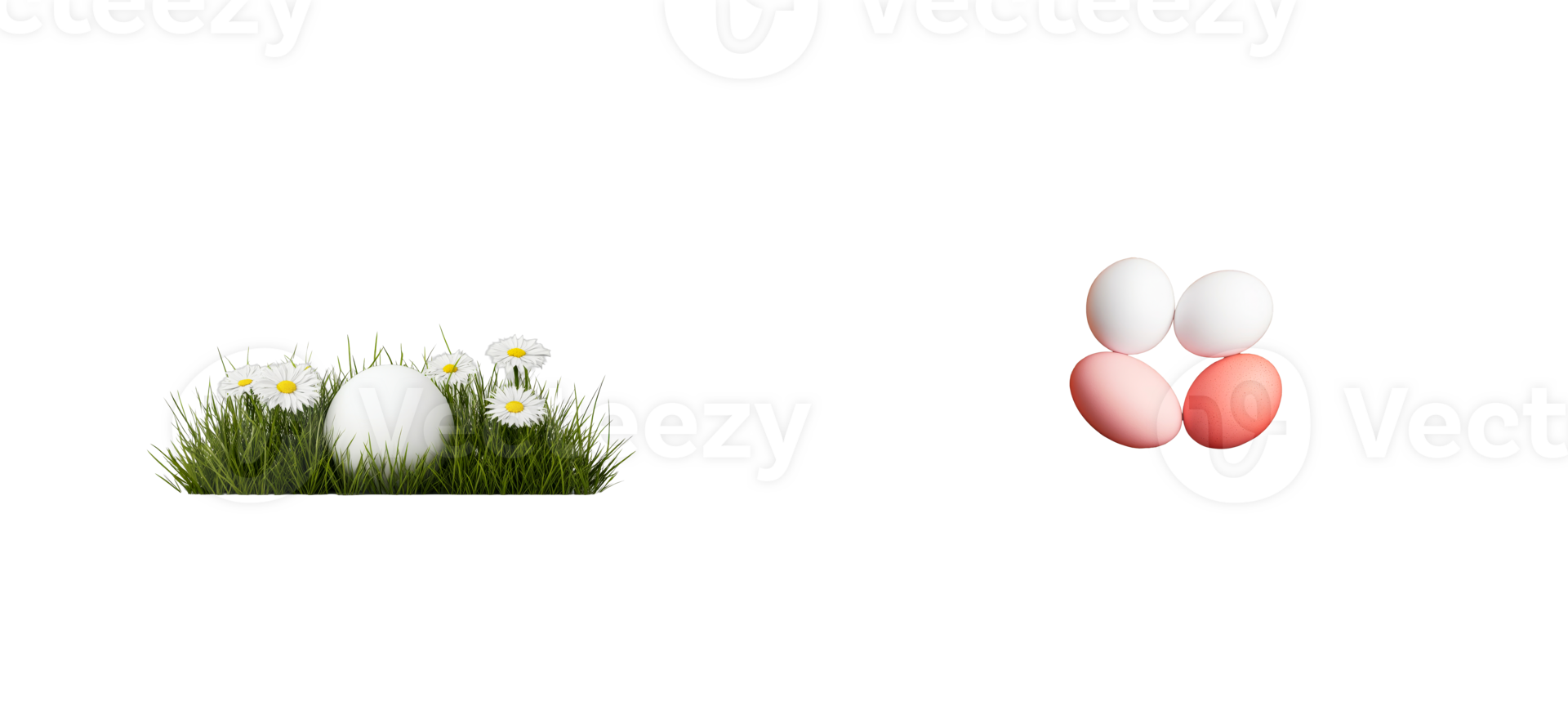 White and pink eggs in grass with daisies on a transparent background png