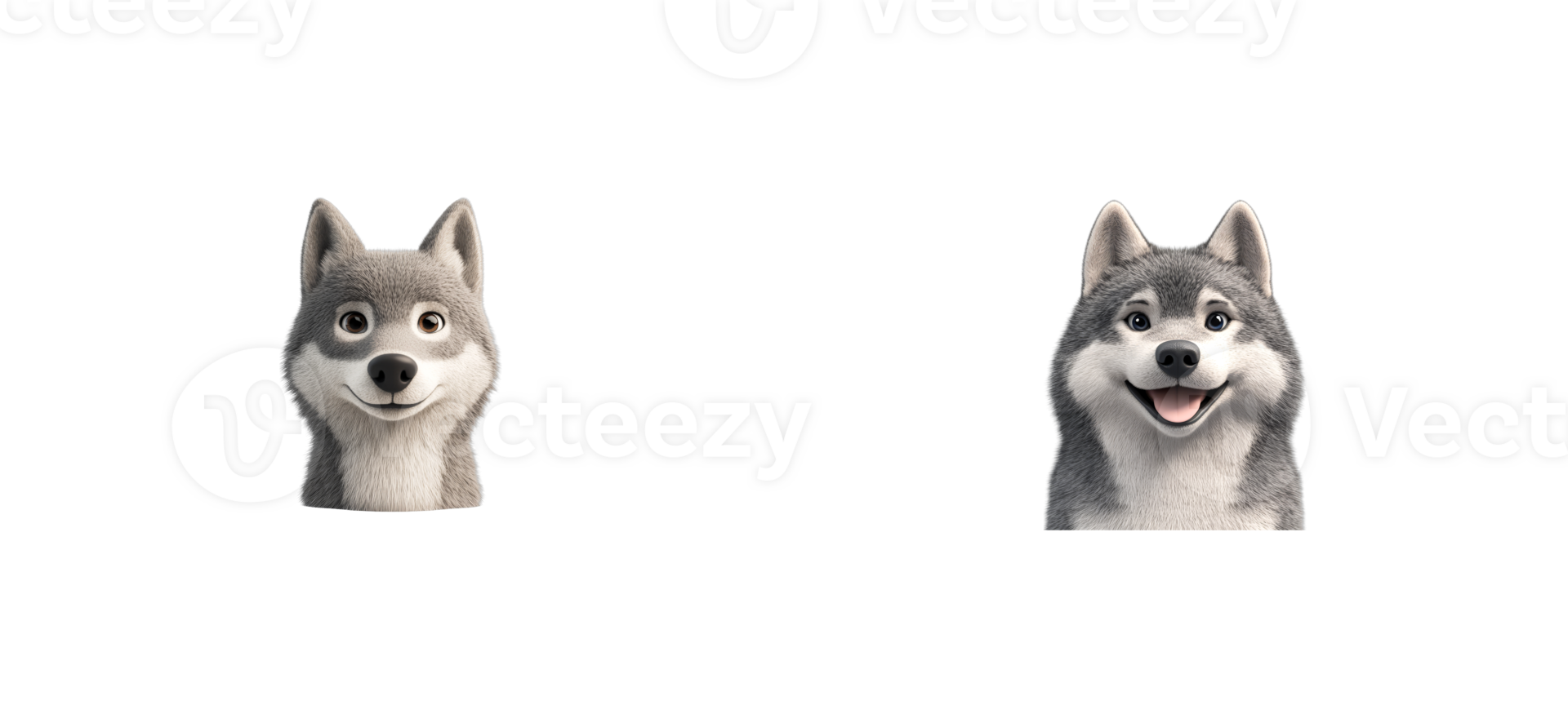 Playful cartoon husky dog heads with friendly expressions displayed png