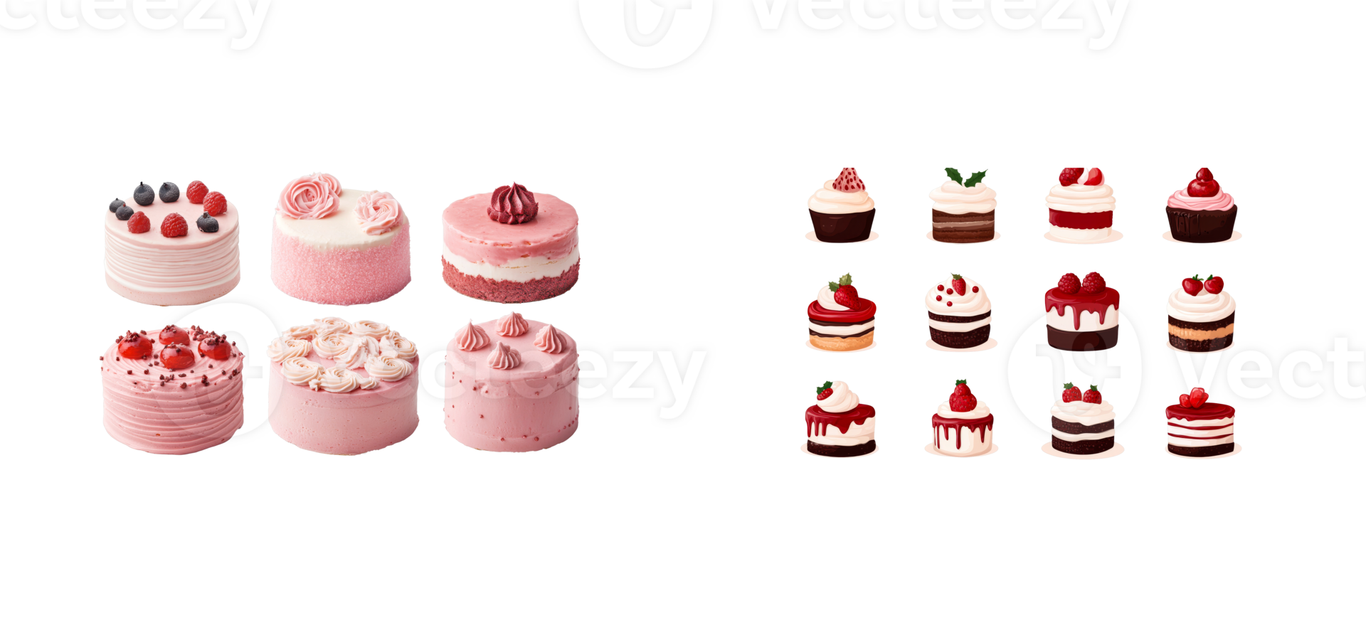 Variety of pink and chocolate cakes on a clear background png