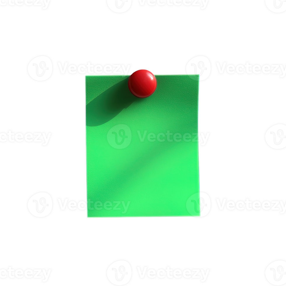 green color Sticky Note paper clip with Red Push Pins isolated on transparent background png