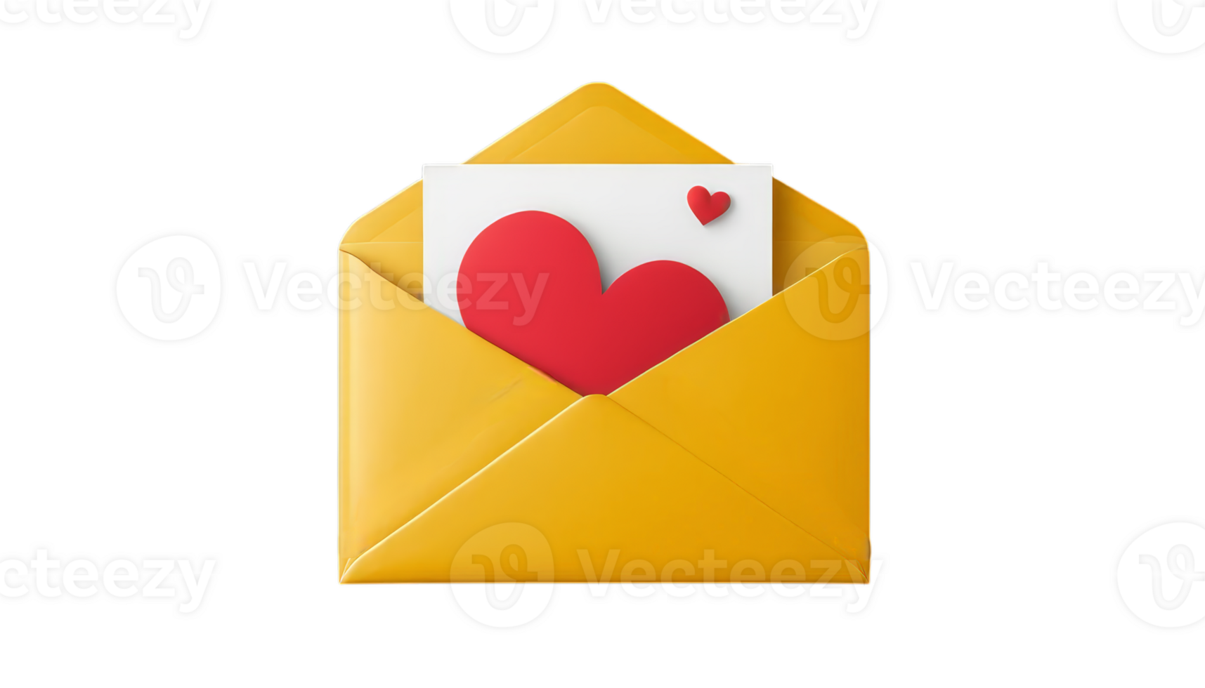 A vibrant yellow envelope partially open, revealing a card featuring red hearts, ideal for love notes, invitations, or Valentine's Day. png