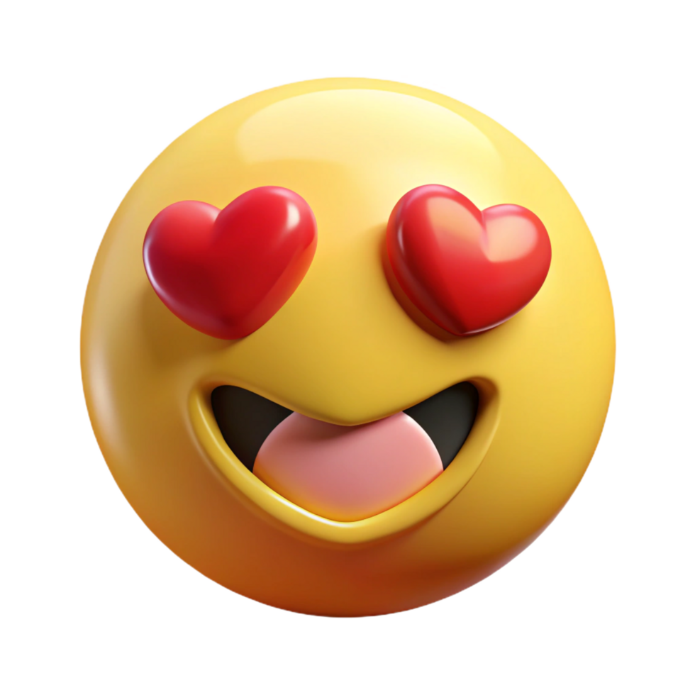 Glossy 3D Emoji with Heart Eyes, Open Mouth, and Visible Pink Tongue Round Face png