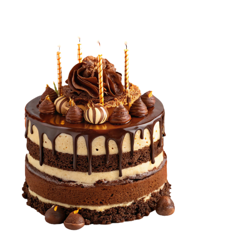 Layered Chocolate Cake with Candles, Topped with Ganache and Truffles png