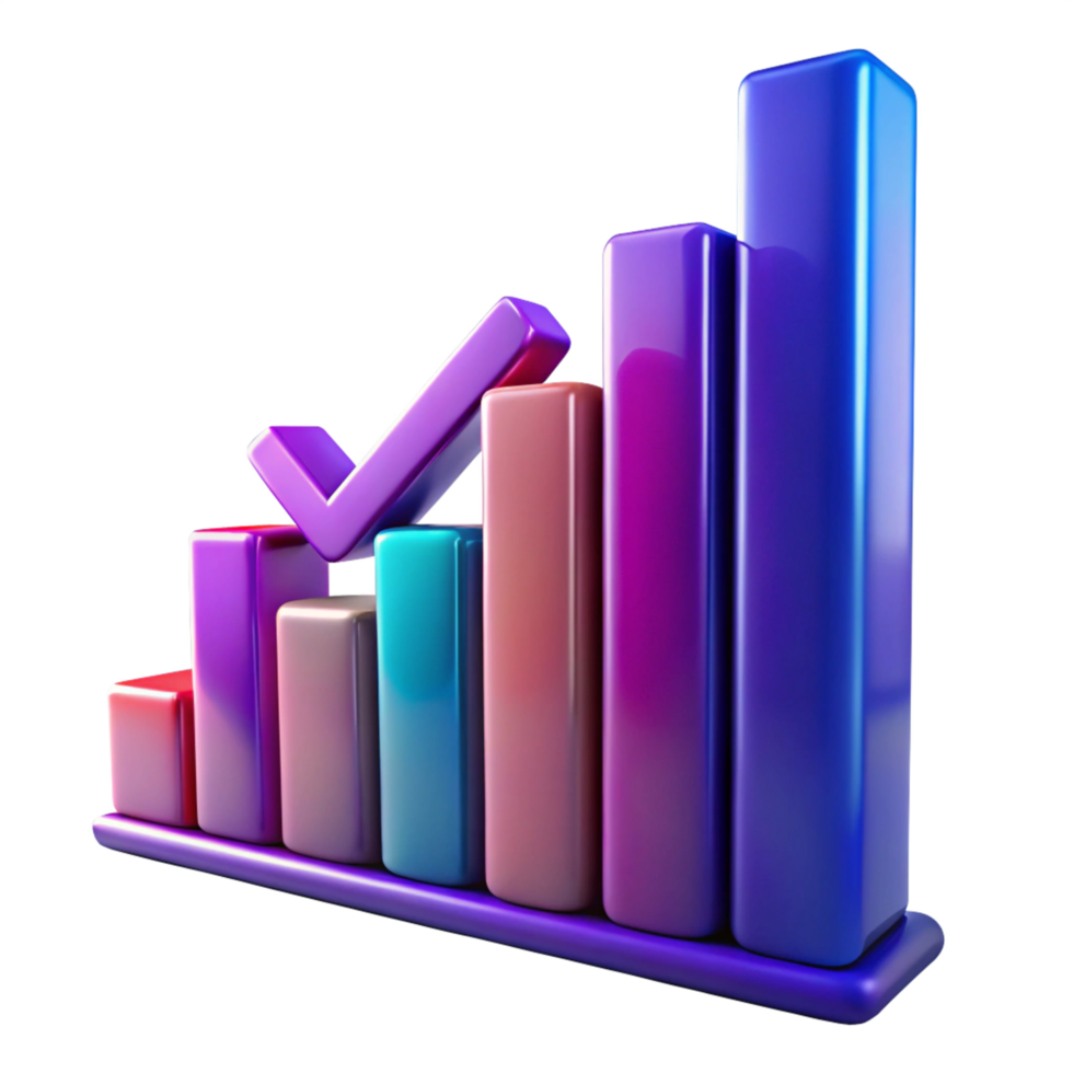 Glossy Ascending Bar Graph with Check Mark, Colorful Columns, Growth png