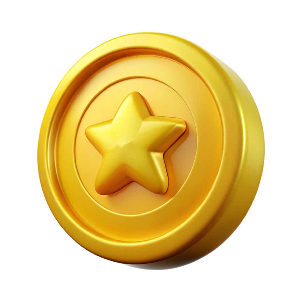 Golden Coin with Star. Metallic Reflection, 3D Render Style, Object png