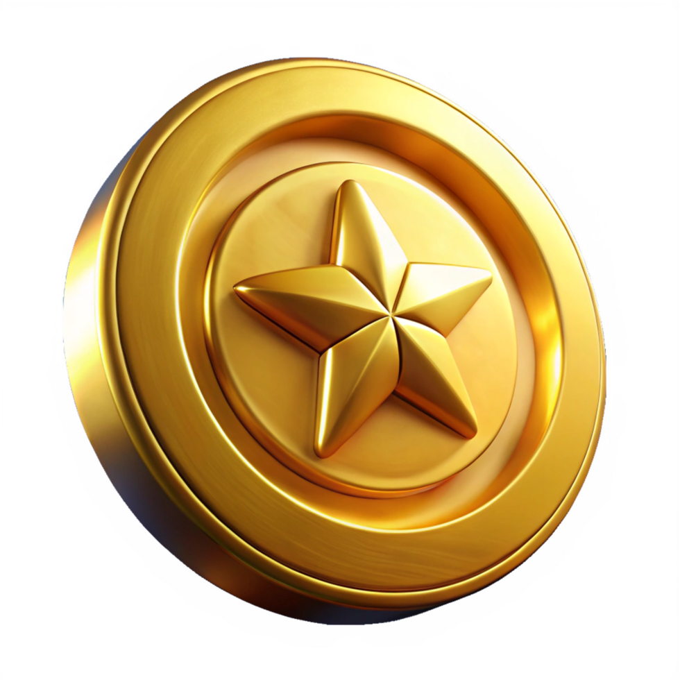Shiny Coin with Star, Round Metallic Token, Finance Reward Icon png