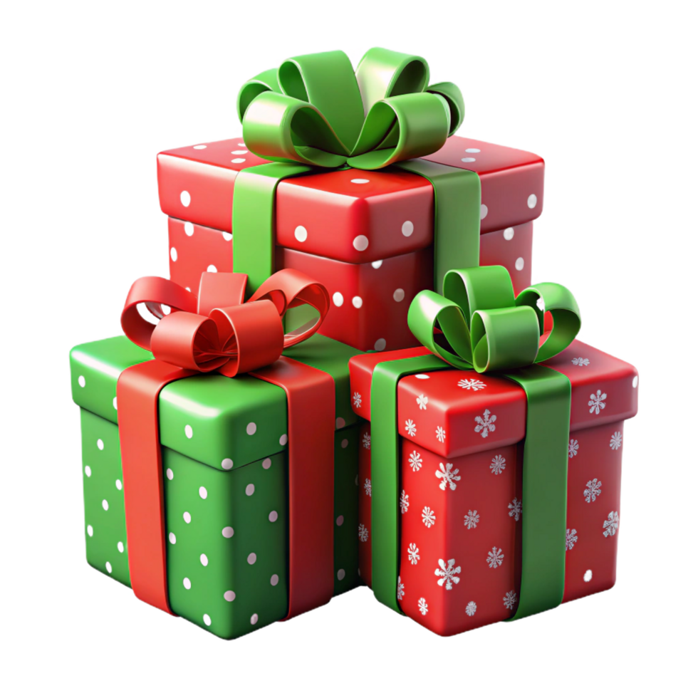 Stack of Festive Gift Boxes with Bows, Polka Dots, Snowflakes png