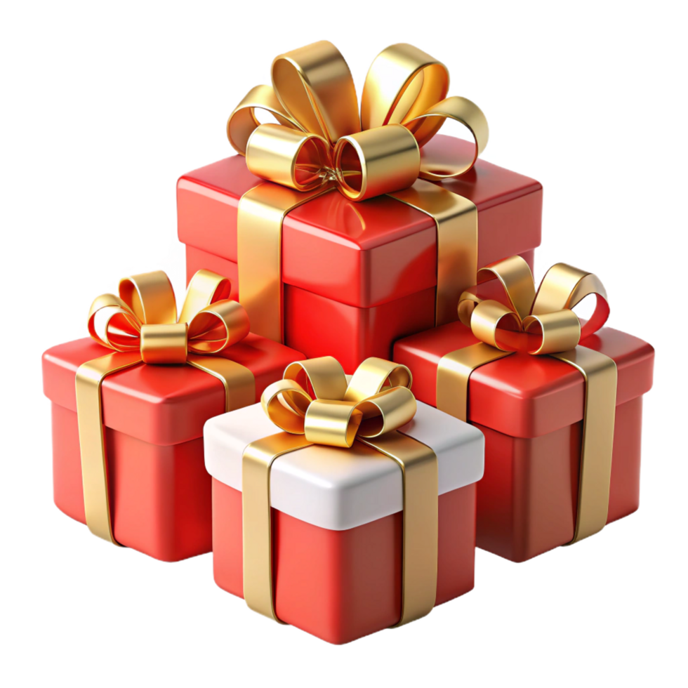 Stack of and White Gift Boxes with Golden Ribbons and Bows png