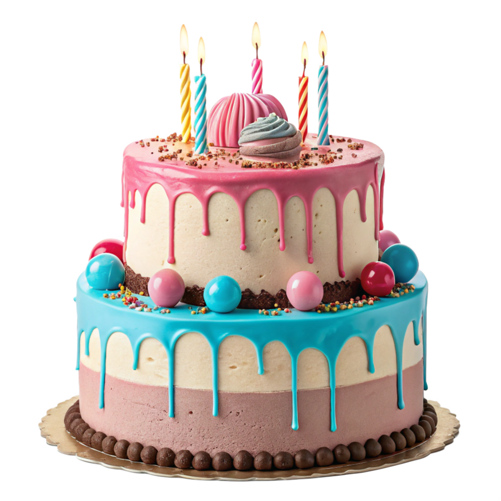 Two-tier Cake with Drip Icing, Candies, Sprinkles, Cake Topper and Burning Candles png