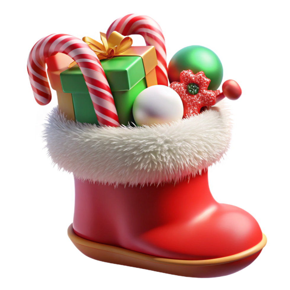 Christmas Boot with Fur Trim Filled with Gifts, Ornaments, and Candy Canes 3D png