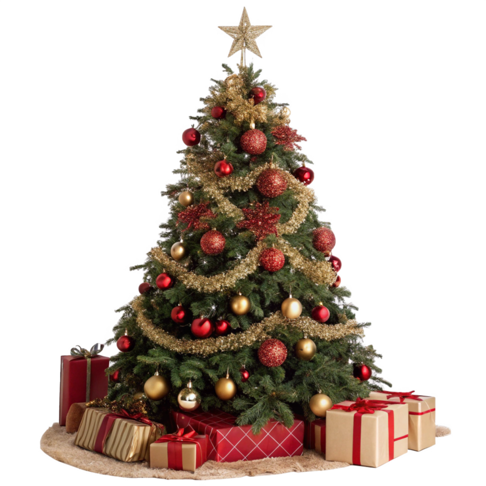 Decorated Christmas Tree with Red and Gold Ornaments, Star Topper and Wrapped Presents png