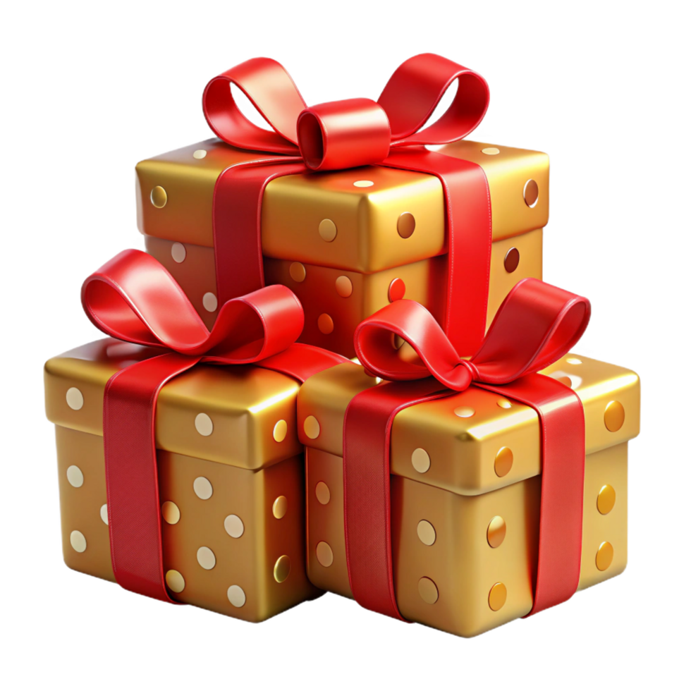 Stack of Gold Gift Boxes with Red Bows and Circular Pattern png