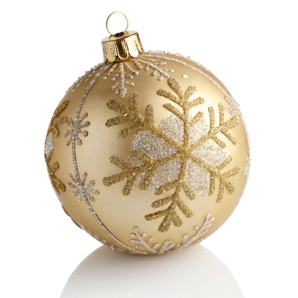 Gold Ornament with Glitter Snowflakes, Round Glass Decoration, Holiday png