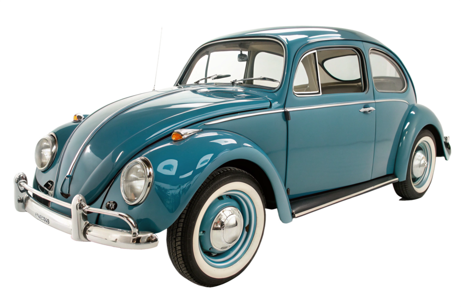 Teal Volkswagen Beetle Car with White Wall Tires and Chrome Bumper png