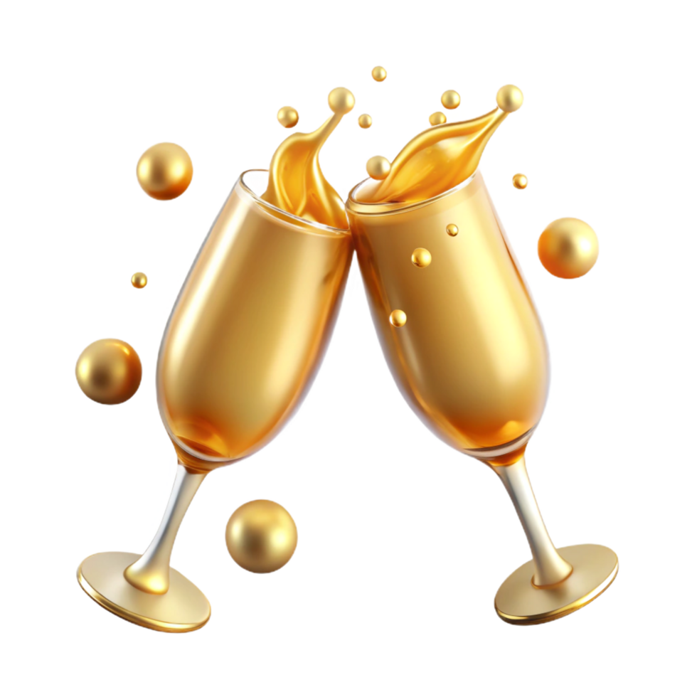 Golden Champagne Toast with Splashing Liquid and Spheres 3D Render png