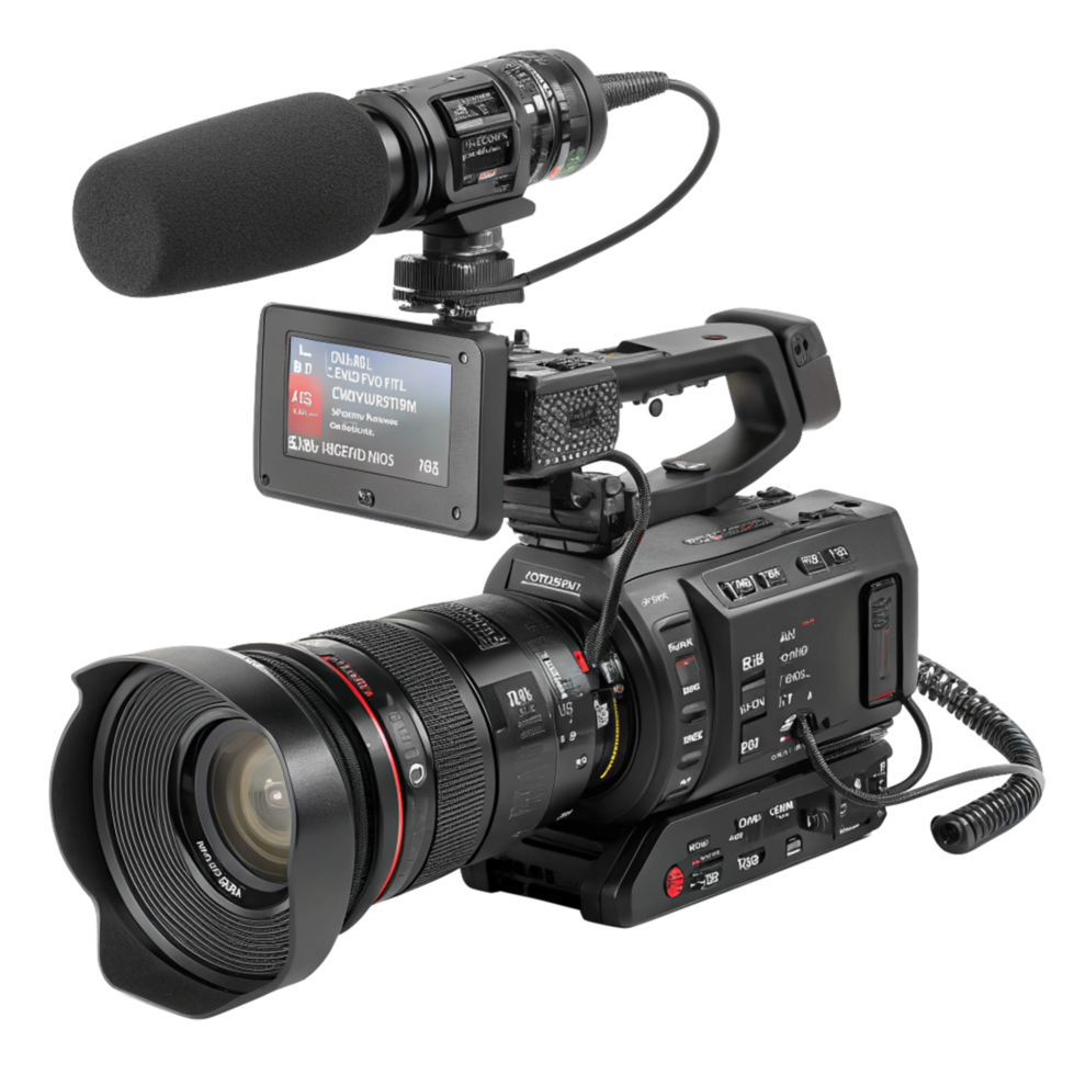 Professional Camcorder with Lens and Microphone Setup, Close Up, Detailed View png