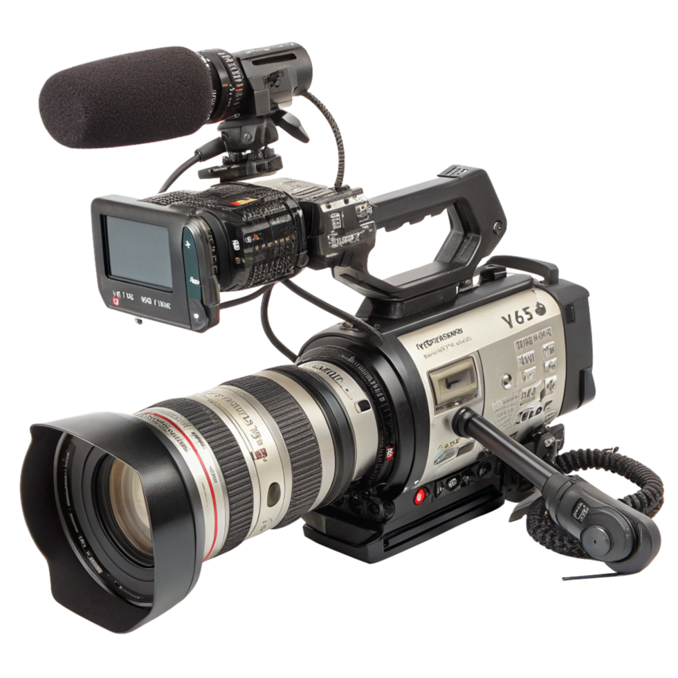 Professional Broadcast Camcorder With Microphone, Long Lens, and Monitor Details png