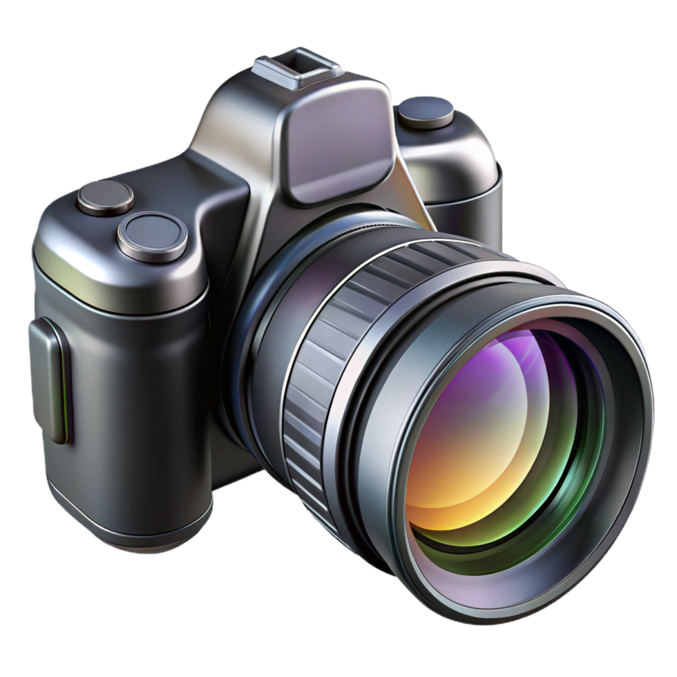 Shiny Chrome Camera Body with Large Lens, Closeup Professional Optics png
