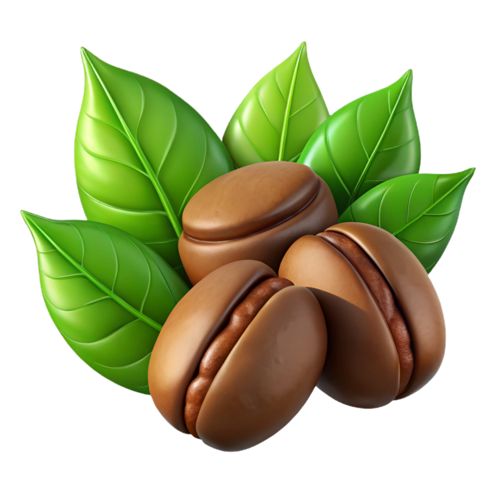 Three Glossy Coffee Beans with Green Leaves, Close Up, png