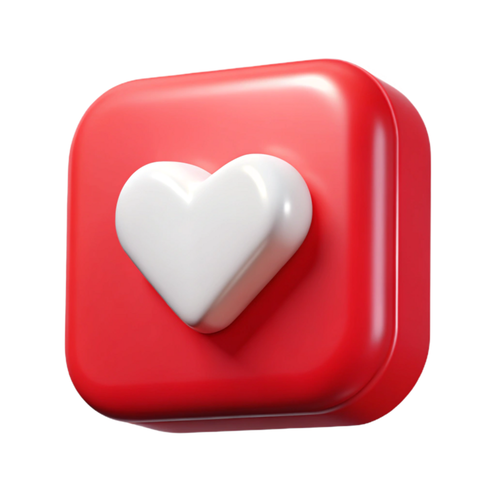 3D Glossy Red Rounded Square with White Heart Centered, Rendered png