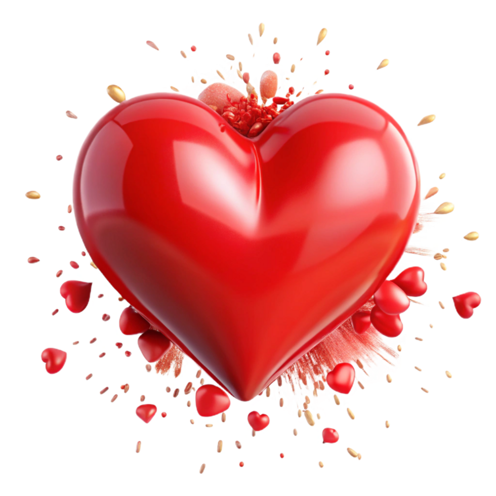 3D Red Heart Floating Surrounded by Smaller Hearts, Petals and Seeds png