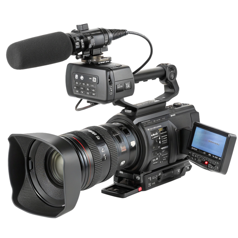Professional Camcorder With Microphone, Monitor and Lens png
