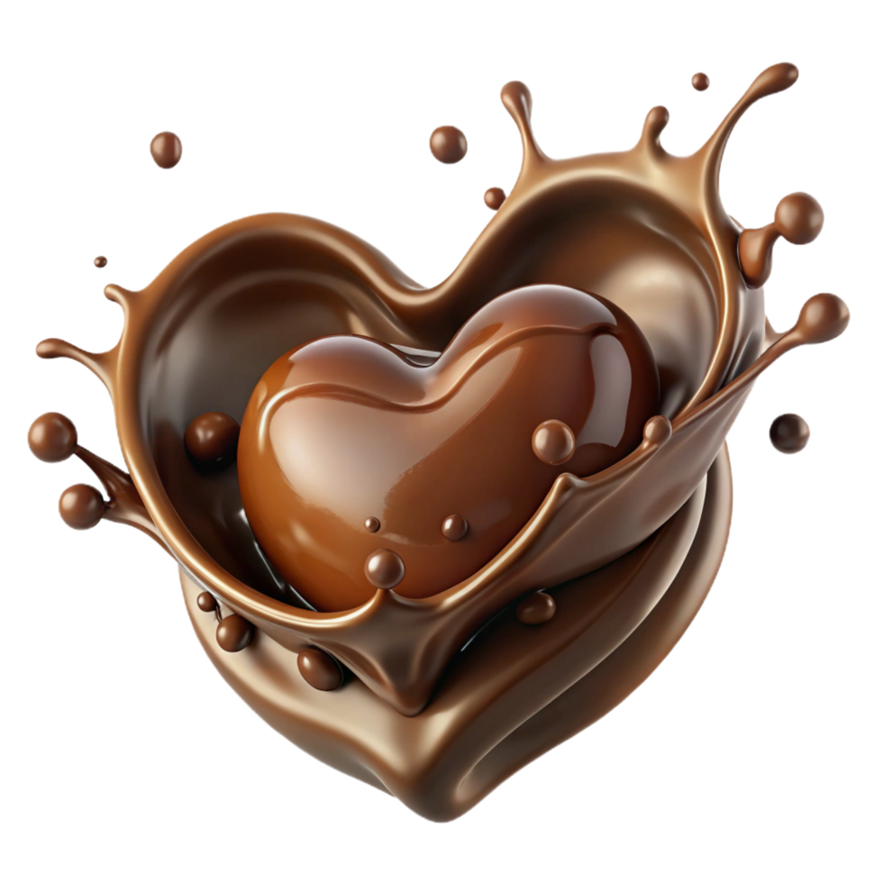 Chocolate Heart with Splashing Liquid, Rich Brown Tones, and Glossy png