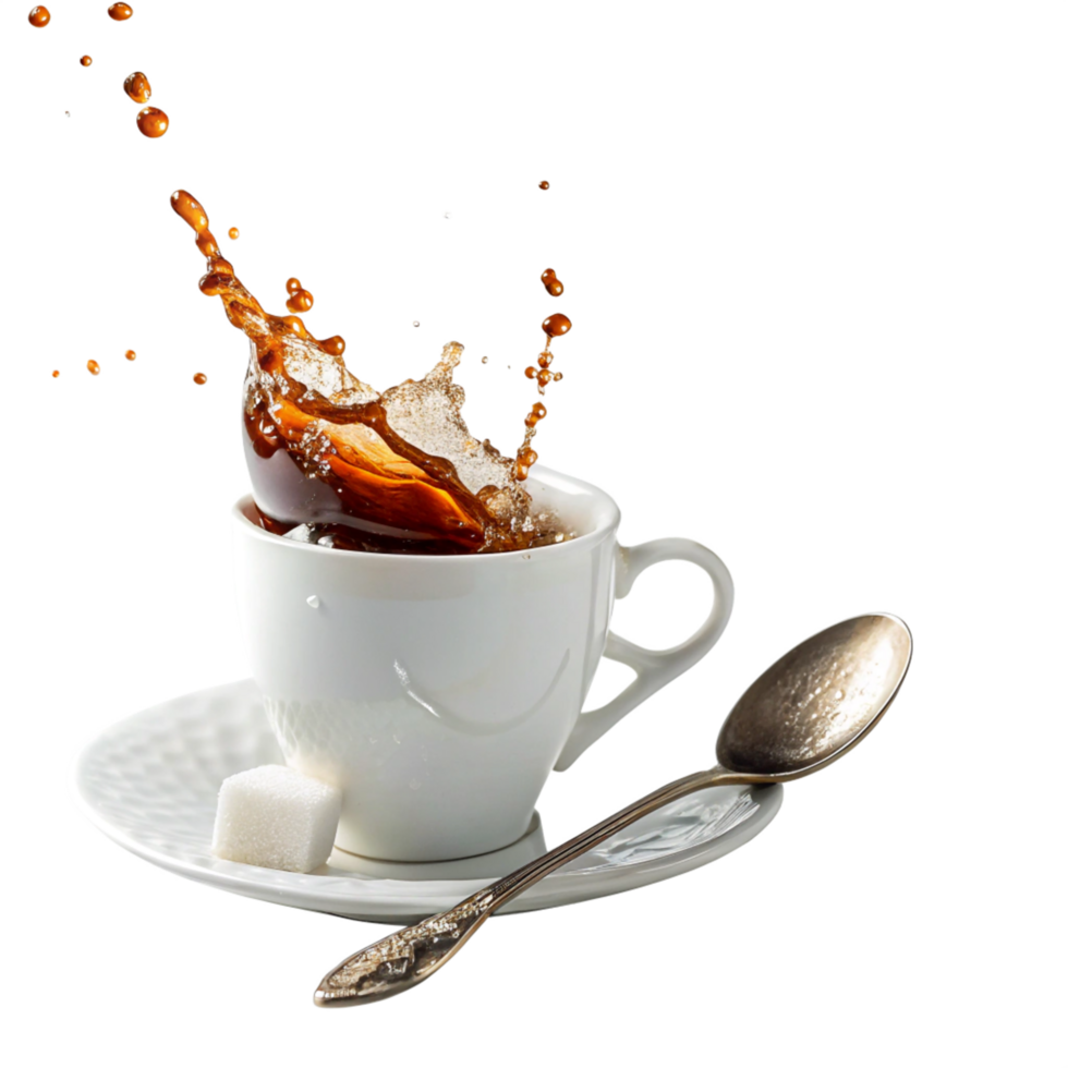 Coffee Splash Dark Drink Explosion from White Mug on Saucer, Sugar Spoon png