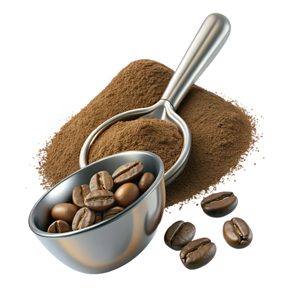 Coffee Beans Heap, Ground Coffee, Metallic Scoop and Bowl png