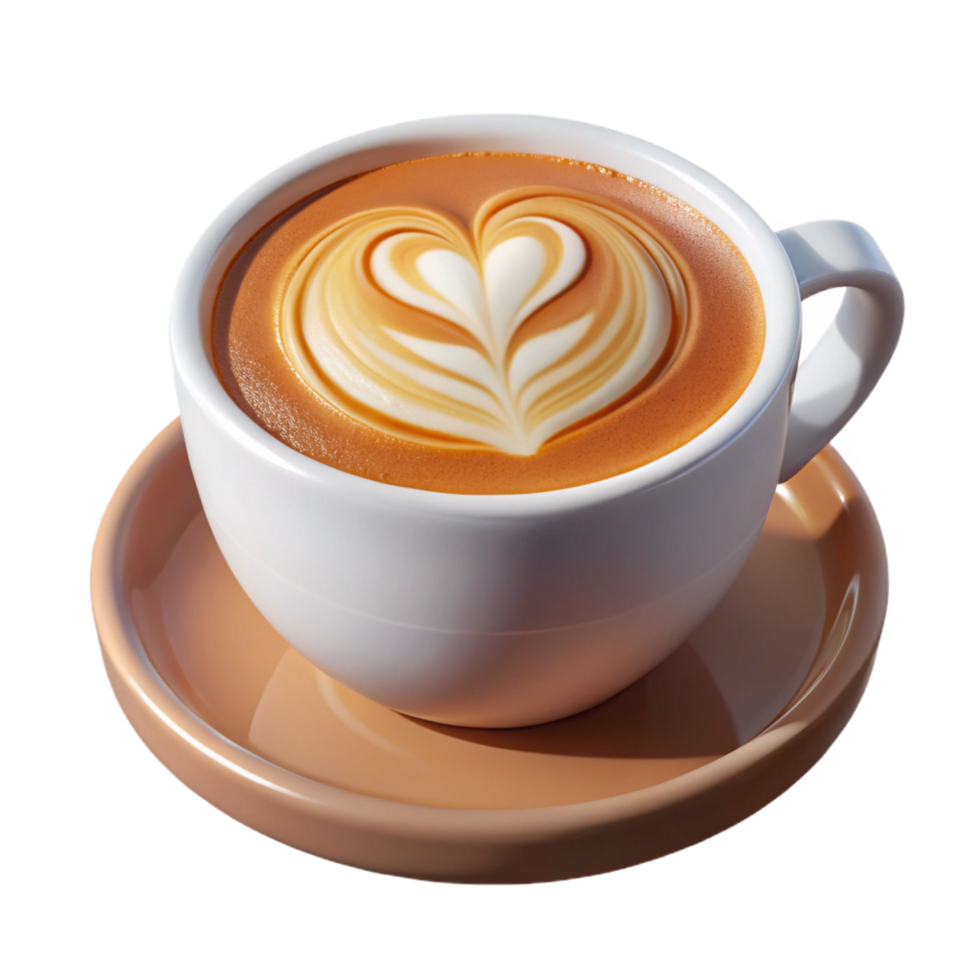 Cup of Latte with Heart Design White Ceramic Mug on a Brown Saucer png