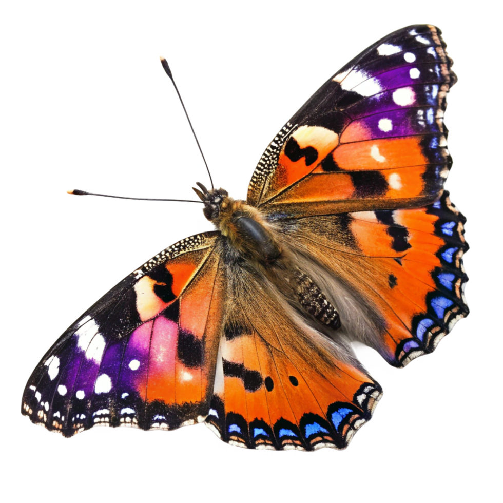 Colorful Vanessa cardui butterfly, wings spread open closeup view png