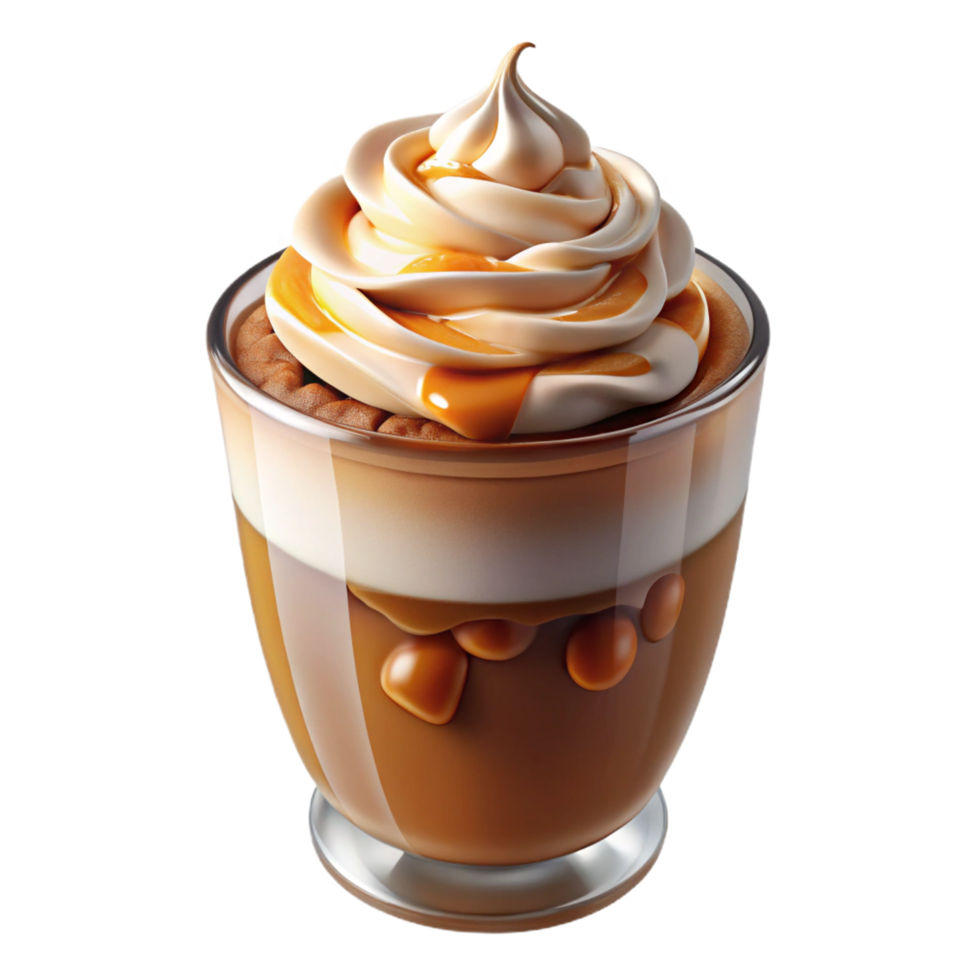Glass Cup with Layered Caramel Drink, Whipped Cream Topping and Caramel Drizzles png
