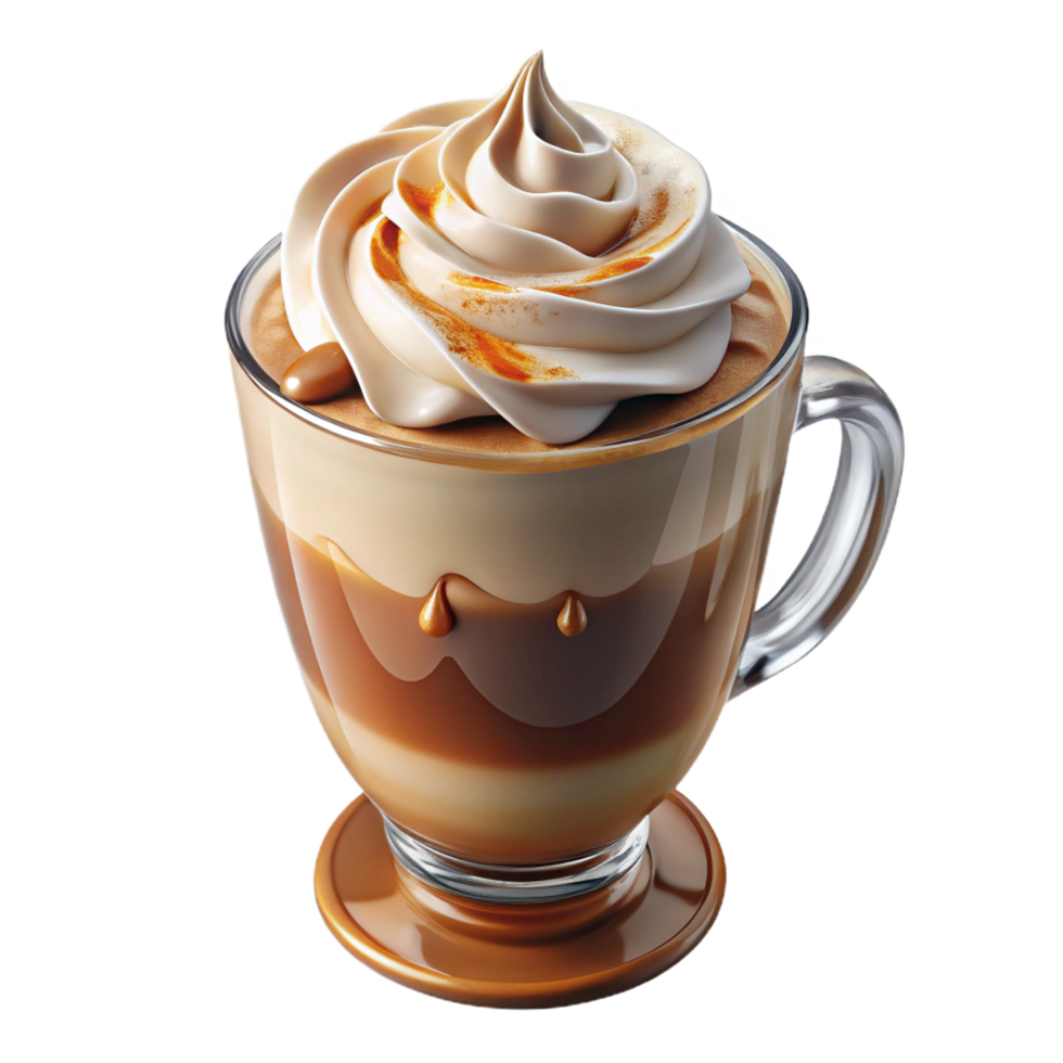 Cappuccino in Clear Glass Cup with Caramel Drizzle and Creamy Topping png
