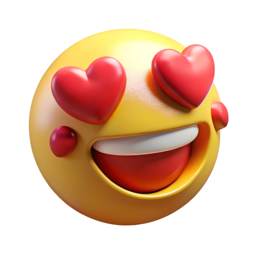 Heart Eyes Emoji 3D Rendering of Yellow Circular Face with Expressive Love Heart Eyes png