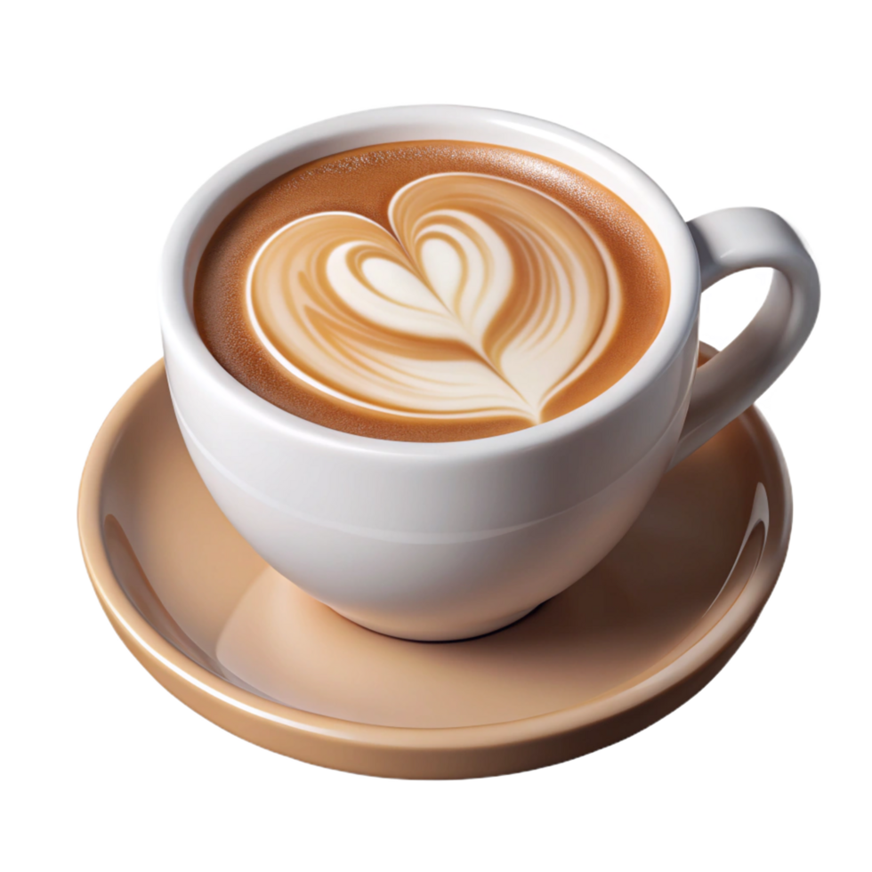 Latte Heart White Cup Filled with Coffee on a Brown Saucer, png