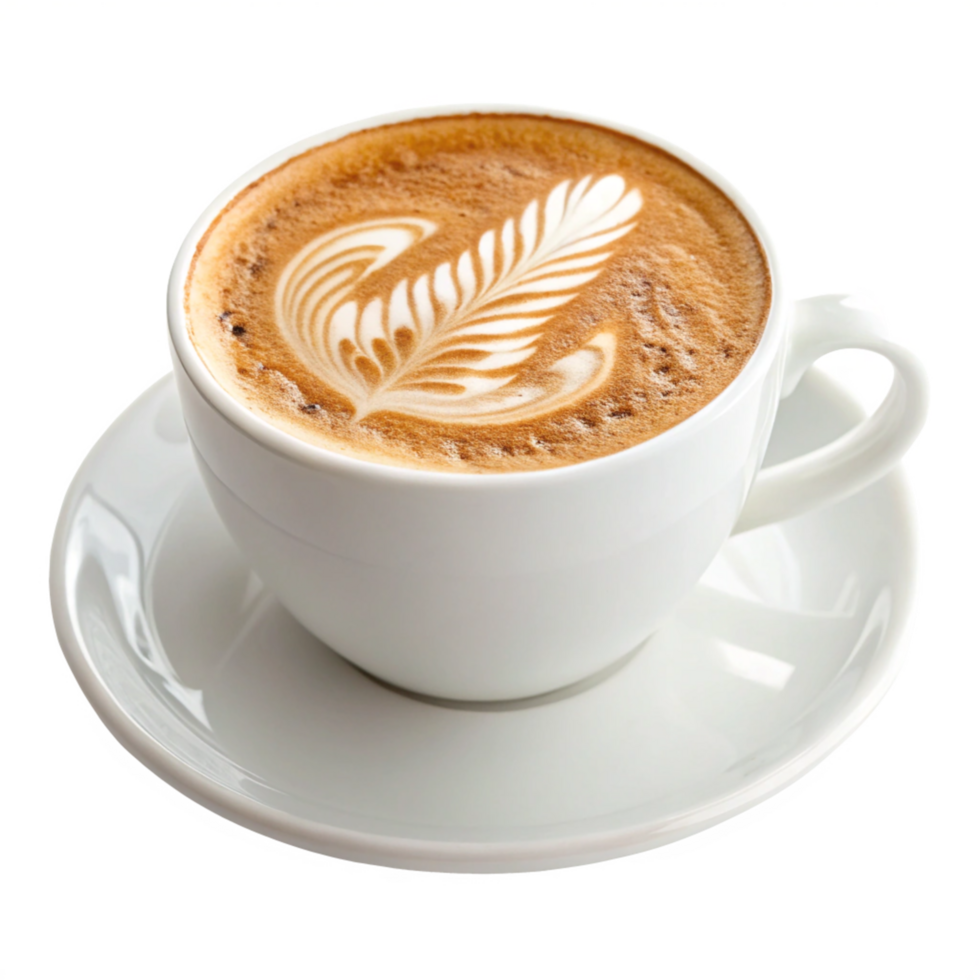 Latte Art in White Ceramic Cup and Saucer, Creamy Coffee png