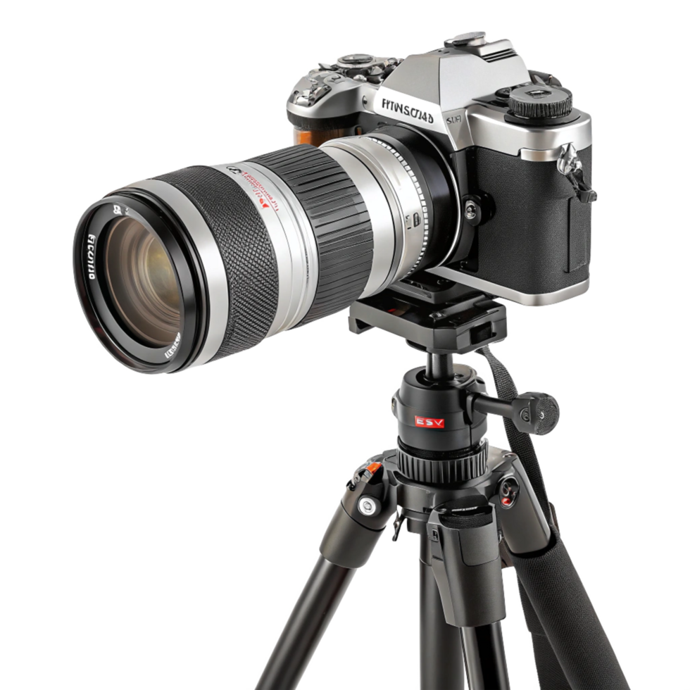 Silver DSLR Camera with Long Lens Mounted on Tripod png