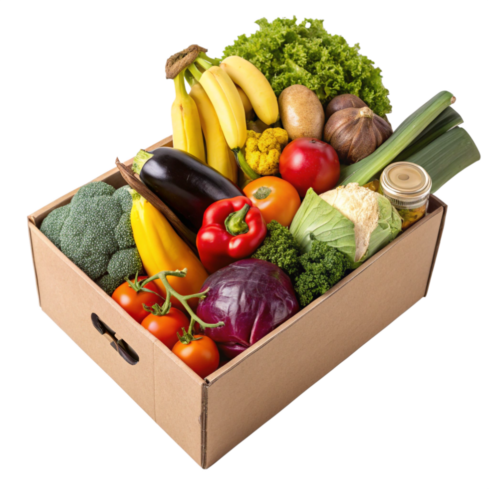 Assorted Fresh Vegetables and Fruits in Cardboard Box on, Rich Color Palette png