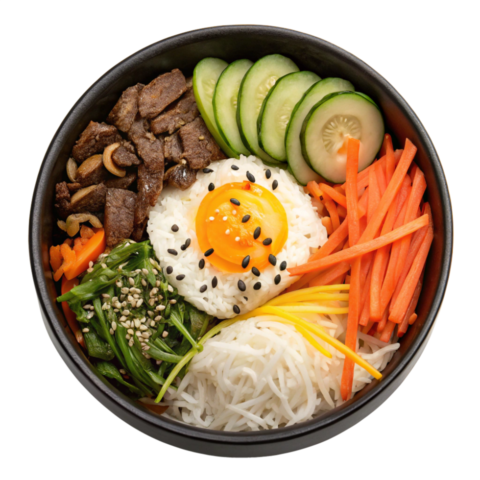 Bibimbap Bowl with Beef, Rice, Vegetables, Fried Egg, Carrots and Cucumber, png