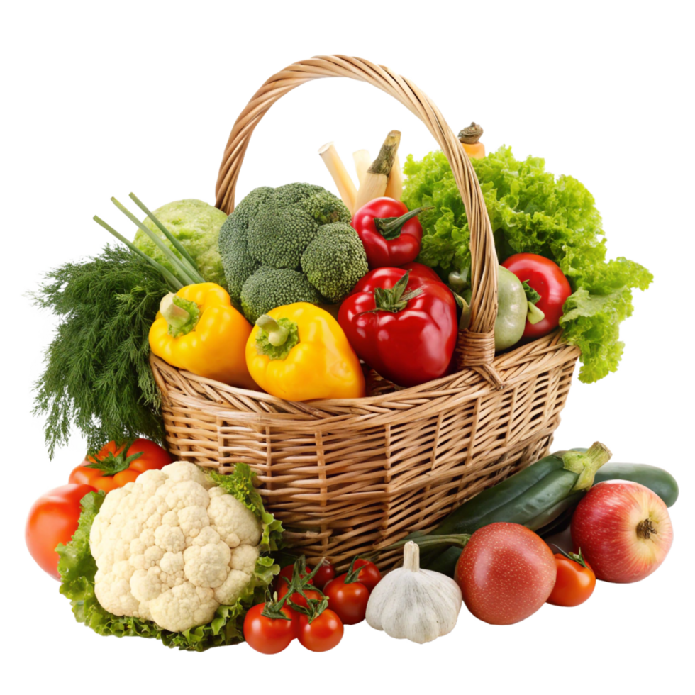 Abundant Harvest Wicker Basket Overflowing with Fresh Vegetables and Fruits png