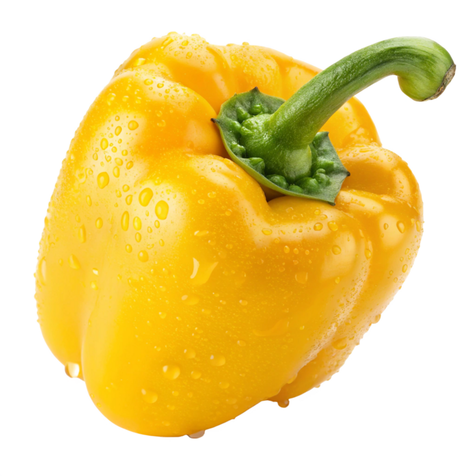 Closeup of a Fresh Yellow Bell Pepper with Water Droplets and Green png