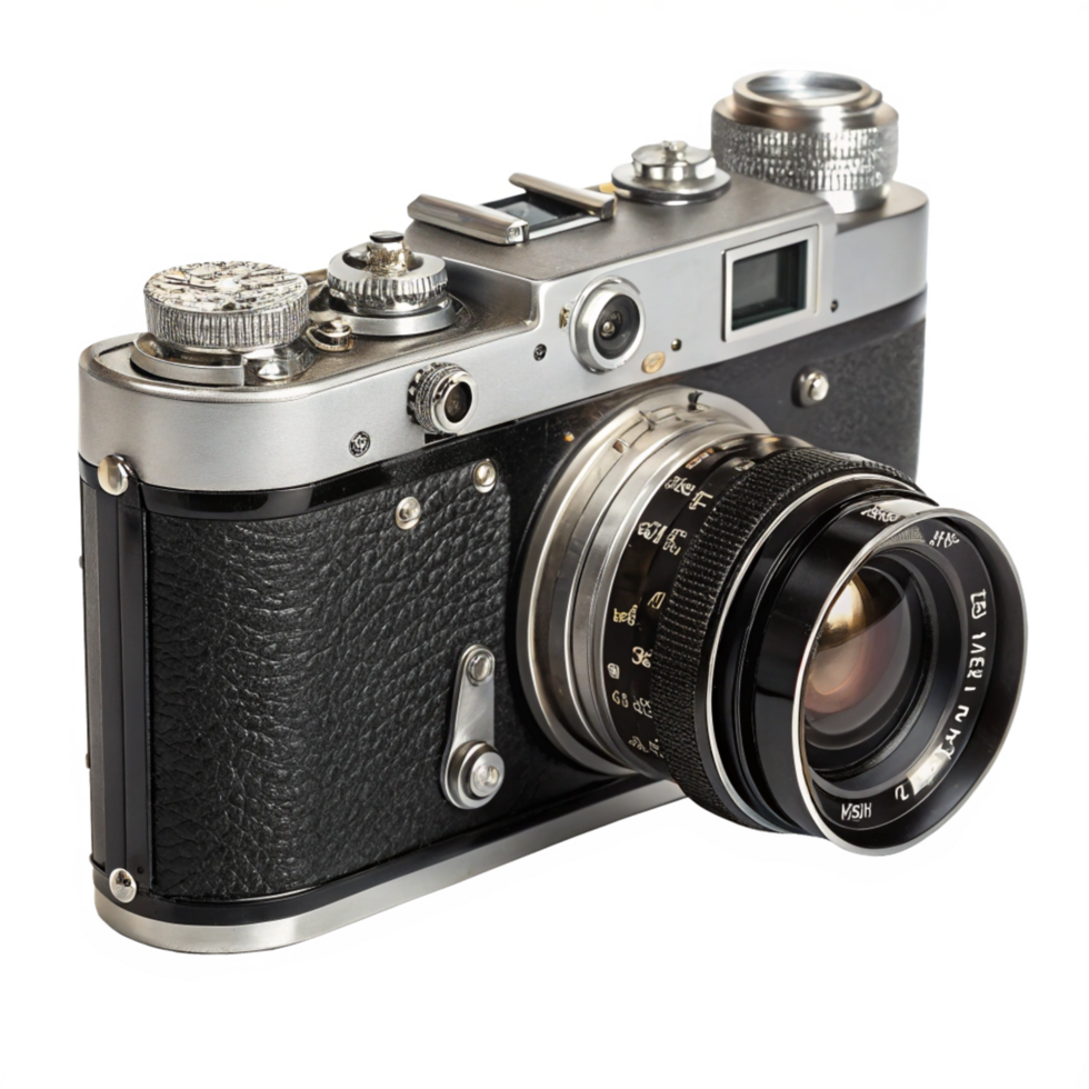 Classic Silver and Rangefinder Camera with Lens Still Life png