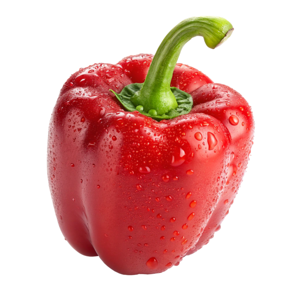 Closeup Fresh Red Bell Pepper with Green Stem and Water Droplets on a Backdrop png