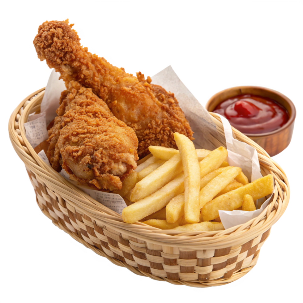 Crispy Fried Chicken Drumsticks and Golden French Fries in Wicker Basket png