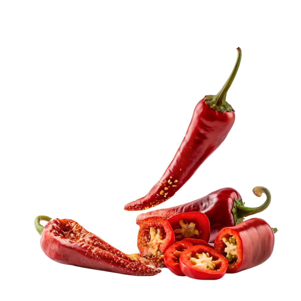 Fresh Red Chili Pepper, Whole and Sliced Arrangement png
