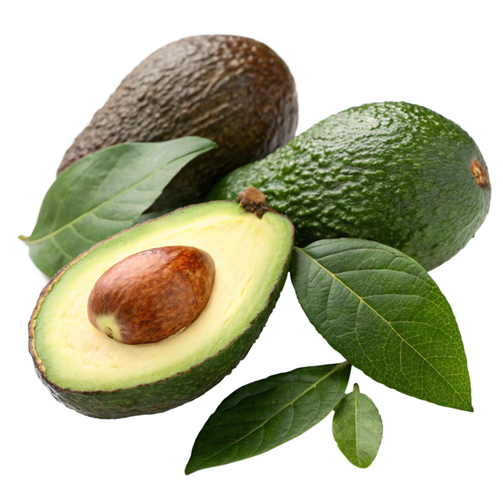 Fresh Avocados Still Life Whole, Halved with Seed Green Leaves png