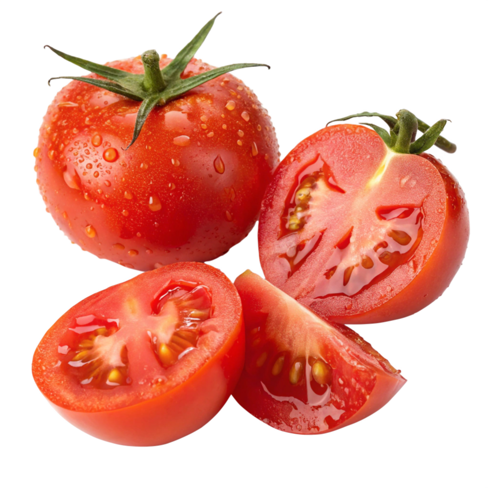 Fresh Red Tomatoes Halved, and Quartered with Water Droplets png