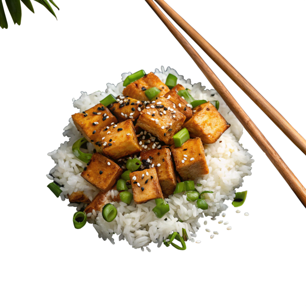 Fried Tofu Cubes Topped with Sesame Seeds and Scallions Served on Rice png